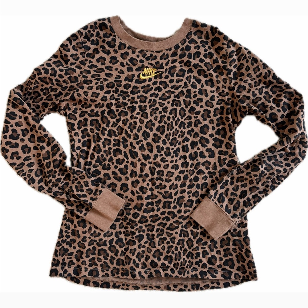 Nike Cheetah Leopard Print Cotton Long Sleeve Tee Embroidered Brown Black XS